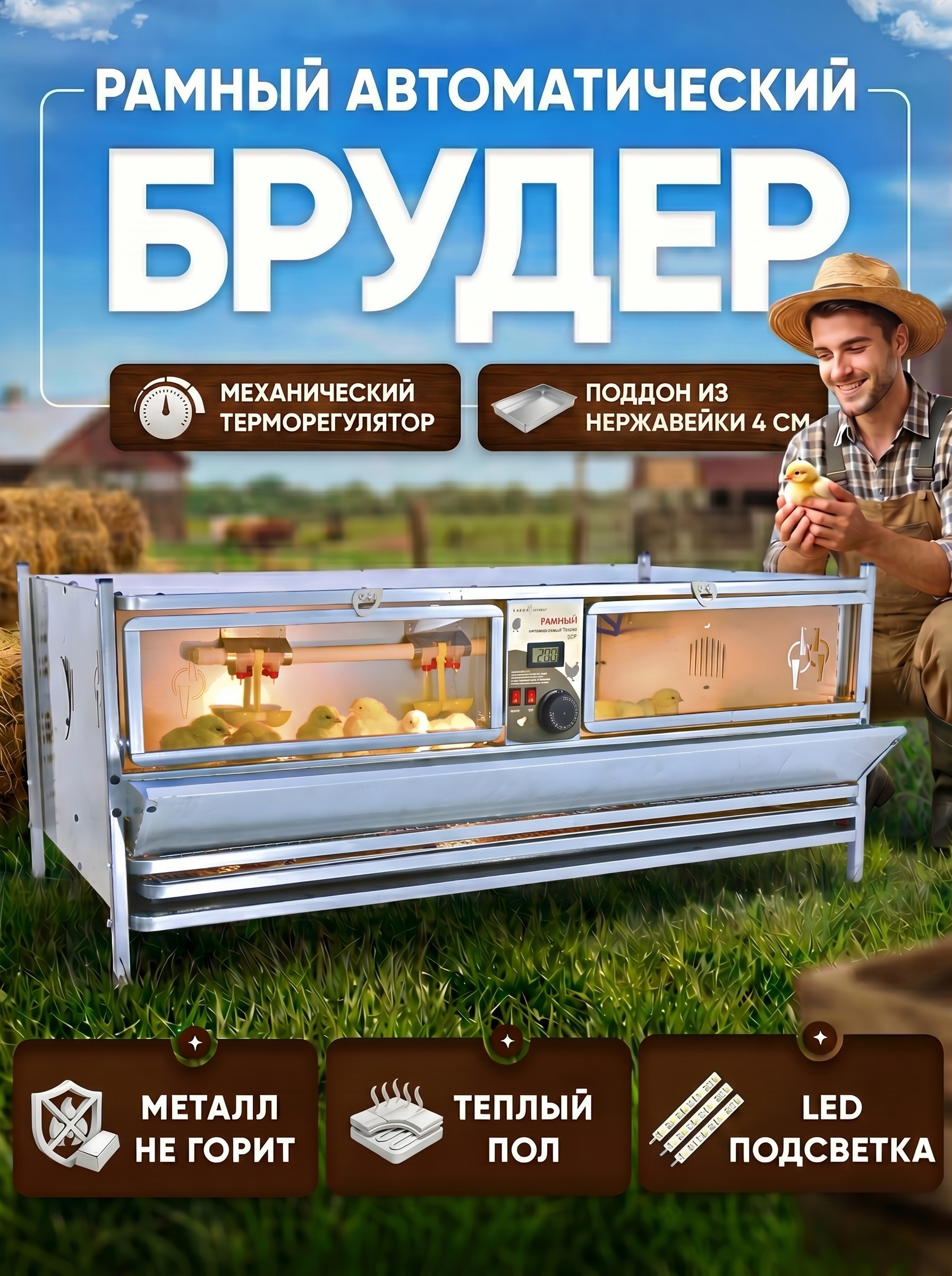 Брудер для цыплят на 100 голов рамный с теплым полом 0707